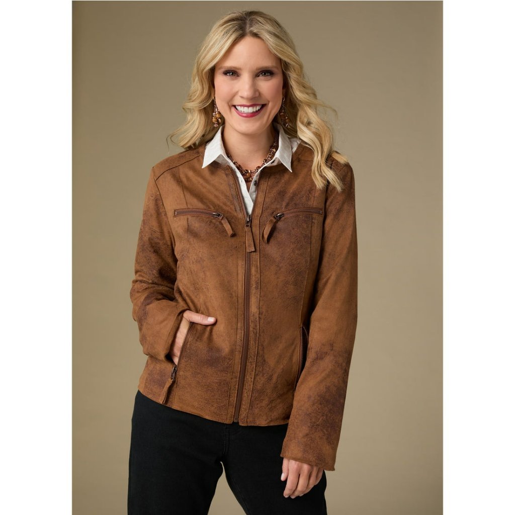 Coco + Carmen Elway Faux Leather Brown Jacket S/M Womens Lightweight Zip Front